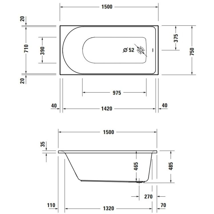 Ванна Duravit D-Neo 1500x750x485 мм встраиваемая с одним наклоном для спины цвет белый 700471000000000