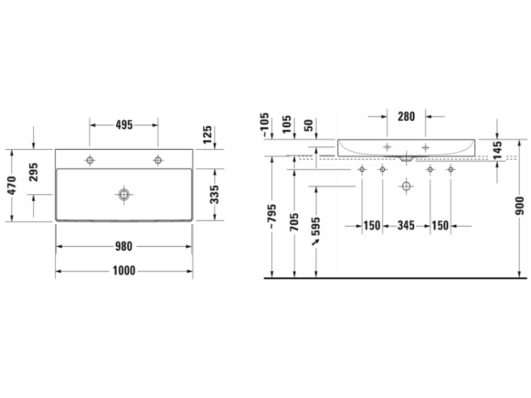 Раковина Duravit DuraSquare 1000x470 мм с 2 отверстиями для смесителя 2353100072
