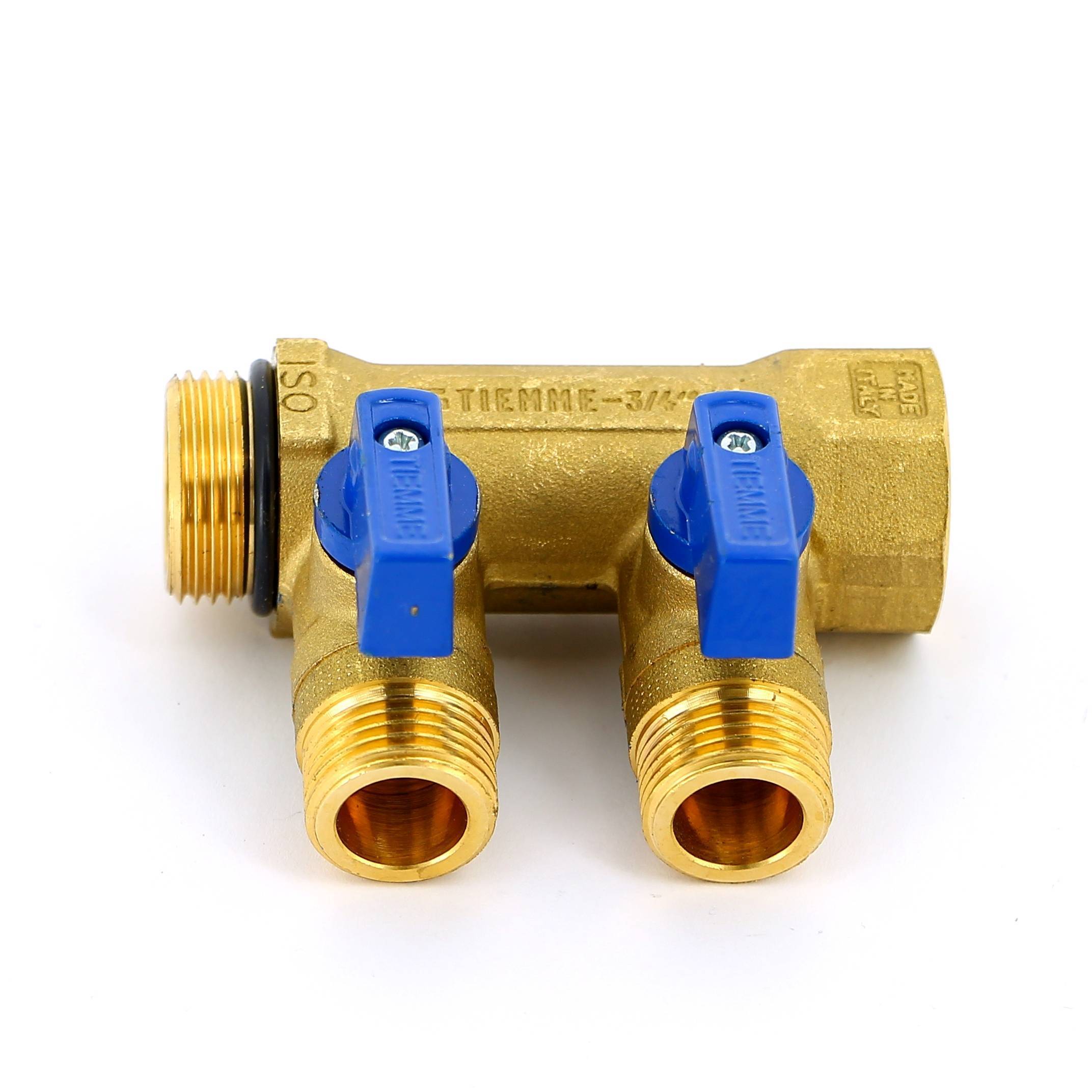 Коллектор с шаровыми кранами Tiemme 3/4х1/2 2 выхода 36 мм синие ручки 1820072