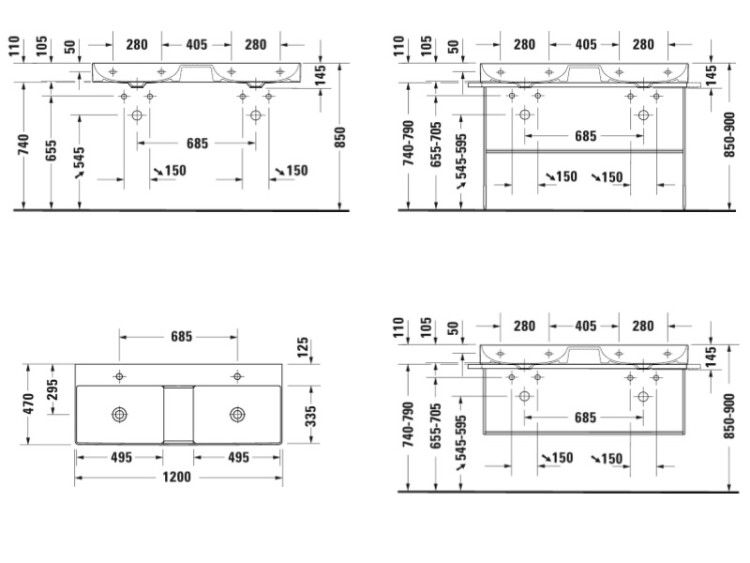 Раковина двойная Duravit DuraSquare 1200x470 мм без отверстий для смесителя 2353120070