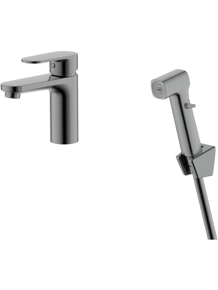 Смеситель для раковины Aquanet Ника с гигиеническим душем оружейная сталь AQ1812BGM