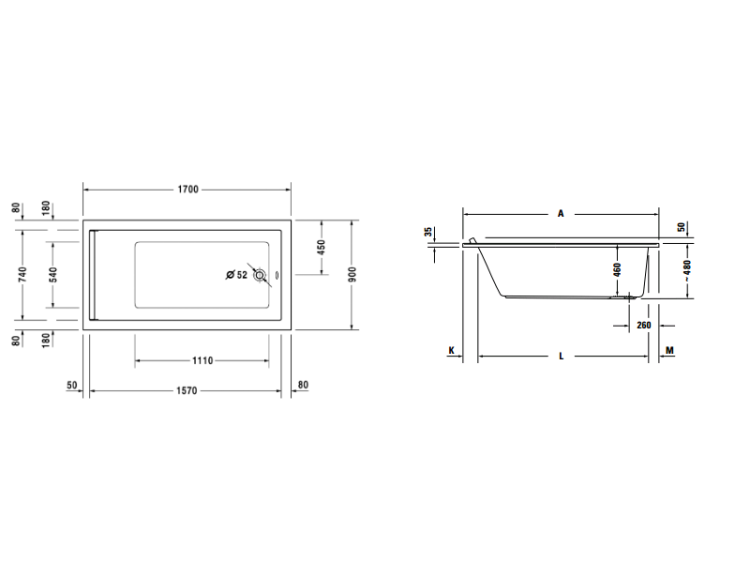 Ванна Duravit Starck 1700x900 мм встраиваемая 700337000000000