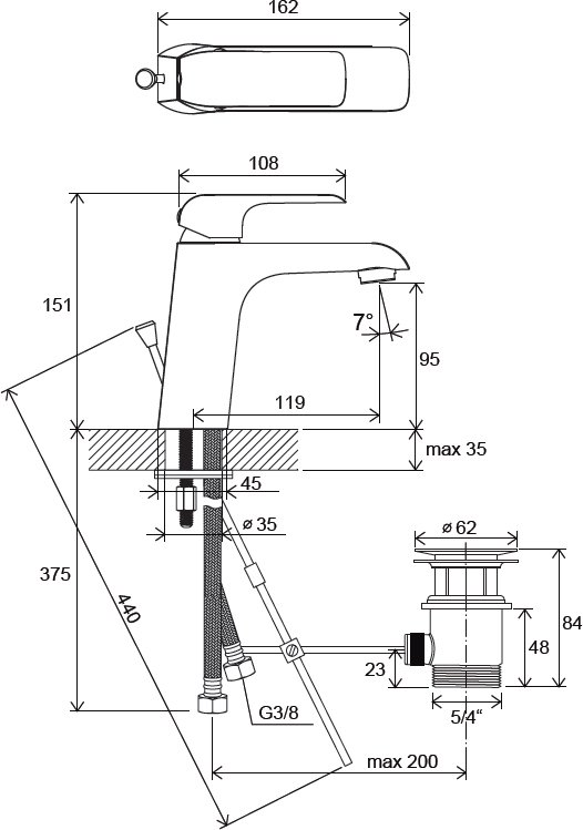 Смеситель для умывальника RAVAK Flat FL 013.00 с донным клапаном X070117