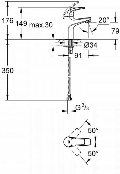 Смеситель для раковины GROHE BauCurve гладкий корпус хром 32848000