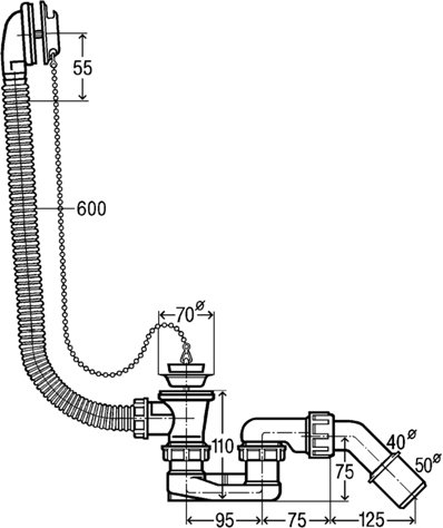Слив-перелив для ванны Viega с цепочкой и пробкой 40/50 мм пластик 311537
