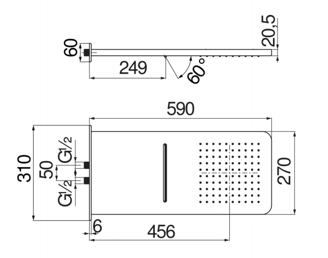 Верхний душ Rossinka AD139/130CR 59х27 см хром AD139/130CR