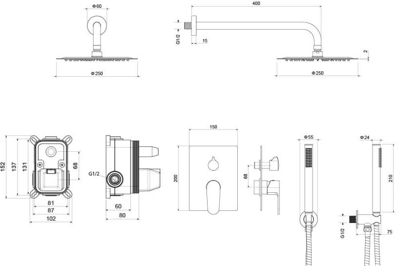 Душевой комплект 3 в 1 Aquanet Oberon 2 режима матовый черный AQ1272MB