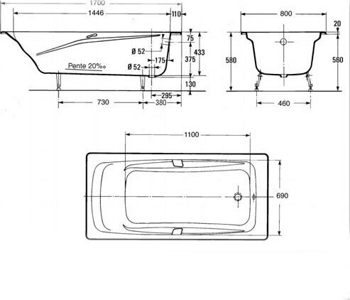 Ванна чугунная Jacob Delafon Repos 170x80 см без отверстий для ручек E2918-S-00