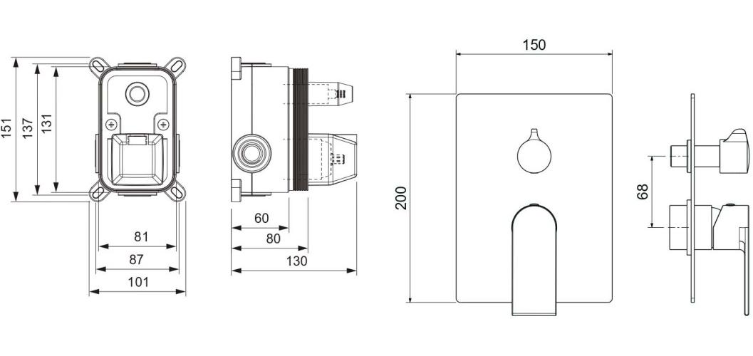 Смеситель для ванны Aquanet ЛИРА скрытого монтажа 2 режима (внешняя и скрытая часть) матовый черный AQ1446MB