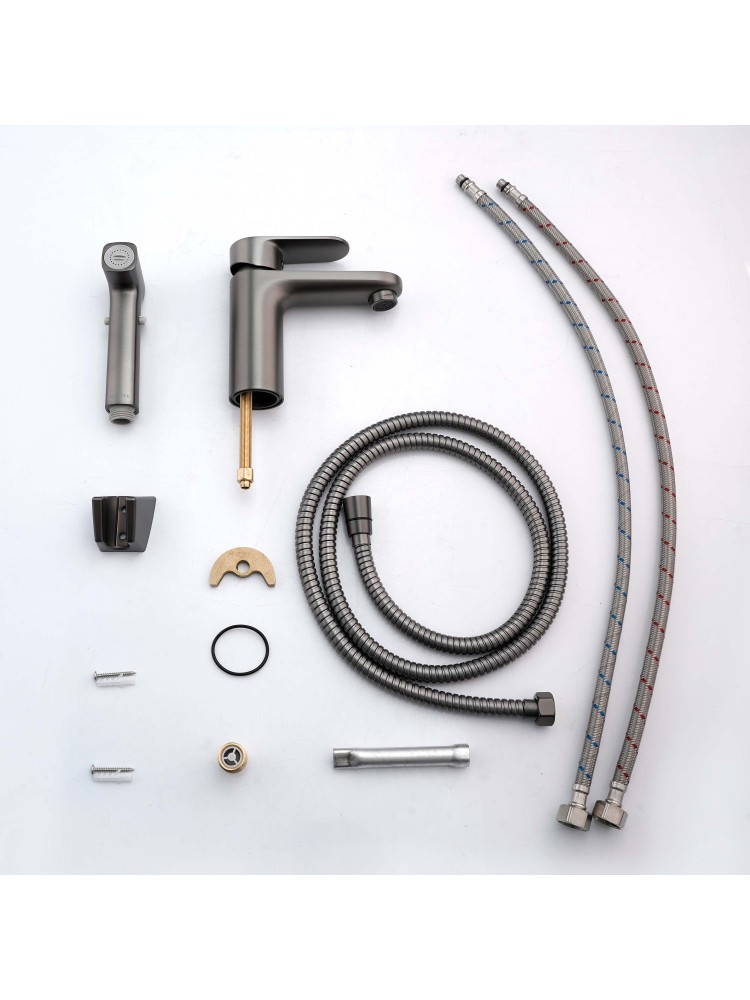 Смеситель для раковины Aquanet Ника с гигиеническим душем оружейная сталь AQ1812BGM