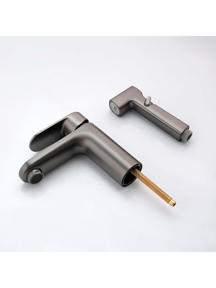 Смеситель для раковины Aquanet Ника с гигиеническим душем оружейная сталь AQ1812BGM