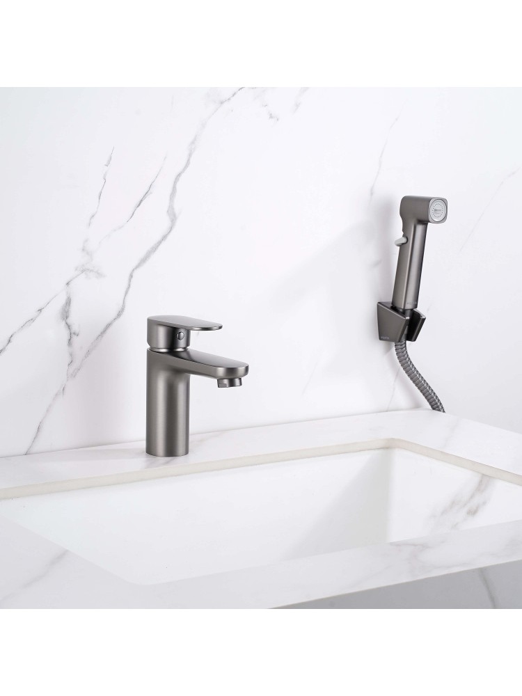 Смеситель для раковины Aquanet Ника с гигиеническим душем оружейная сталь AQ1812BGM