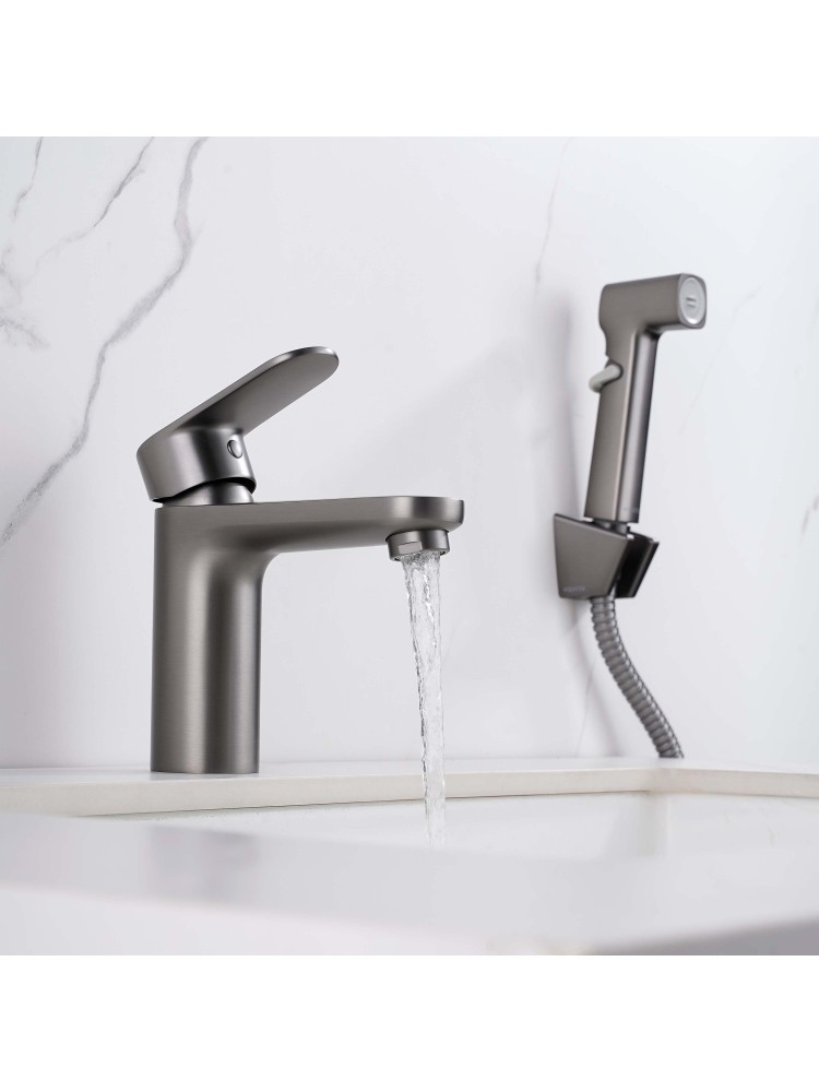 Смеситель для раковины Aquanet Ника с гигиеническим душем оружейная сталь AQ1812BGM