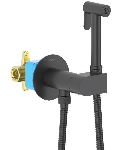 Комплект для гигиенического душа встроенный Aquatek Оберон с прогрессивным картриджем матовый черный AQ1024MB