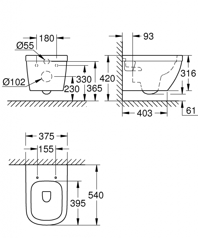 Унитаз подвесной GROHE Euro Ceramic безободковый Triple Vortex 39538000