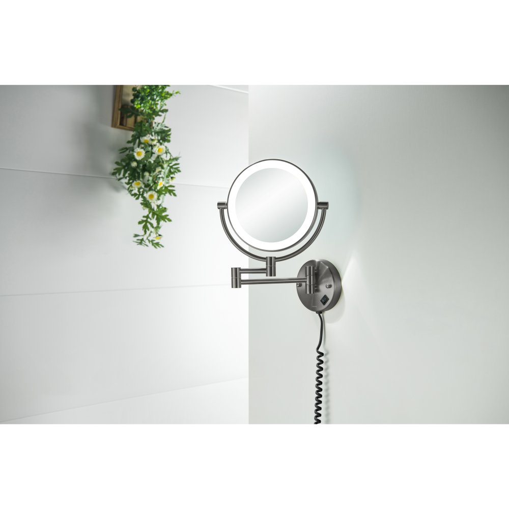 Зеркало косметическое настенное с подсветкой Aquanet 5x увеличение оружейная сталь AQ4915BGM