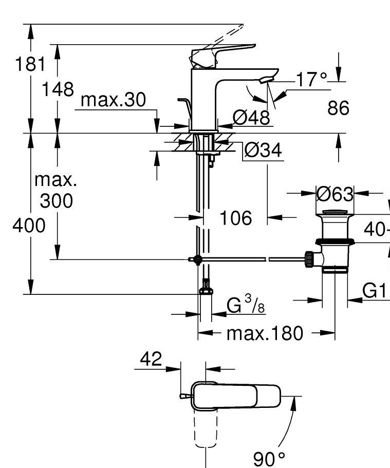 Смеситель для раковины GROHE Cubeo однорычажный размер S хром 1017300000