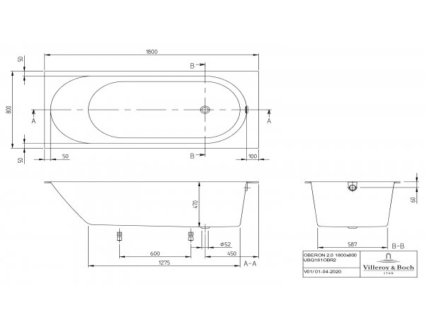 Ванна Villeroy & Boch Oberon 2.0 1800x800 мм Stone White UBQ181OBR2DVRW