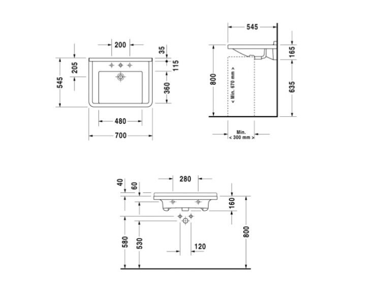 Раковина для мебели Duravit Starck 3 Vital 700x545 мм 1 отверстие для смесителя 0309700000