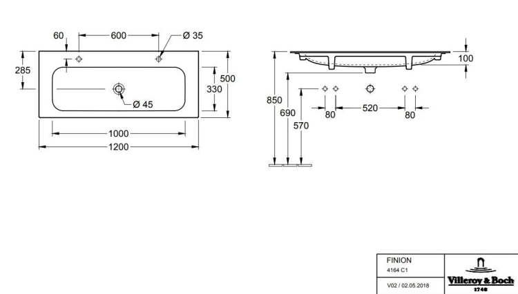 Раковина Villeroy & Boch Finion 1000x500 мм для 2-х смесителей альпийский белый 4164A1R1