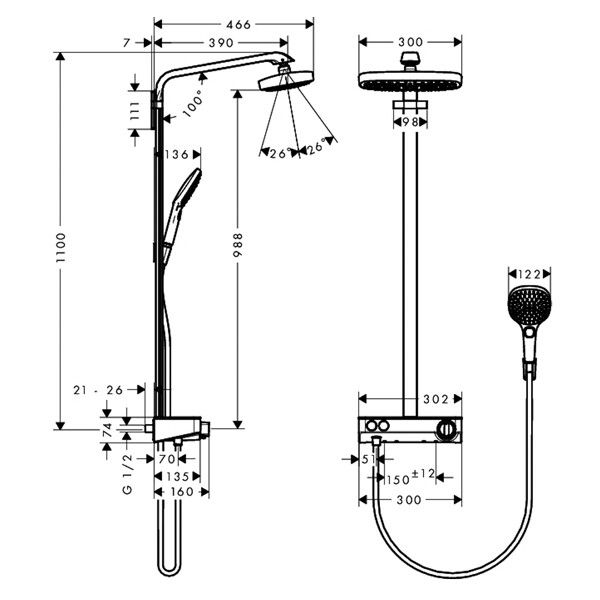 Душевая стойка Hansgrohe Raindance Select E 300 с термостатом, белый/хром, 27126400