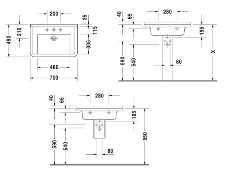 Раковина для мебели Duravit Starck 3 700x490 мм 1 отверстие для смесителя 0304700000