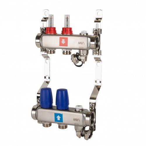 Коллекторная группа Hogert Premium 1 x 3/4 EK 2 выхода с расходомерами дренажным краном и воздухоотводчиком HOGMS70206