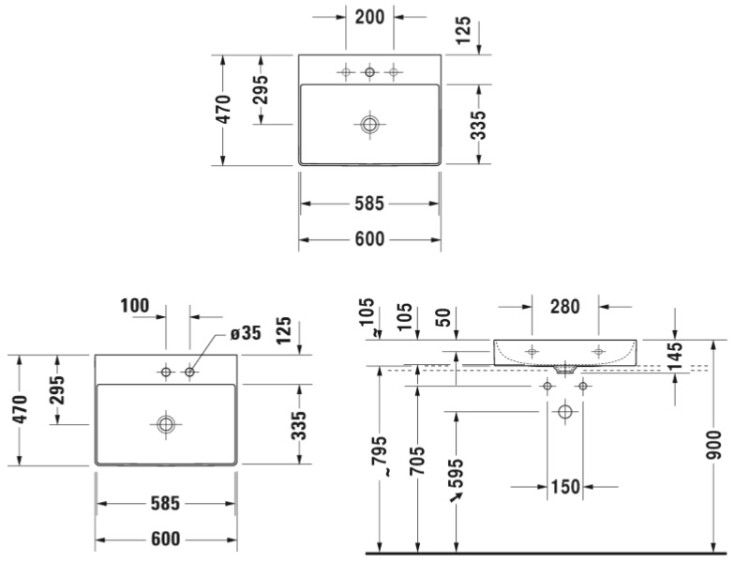 Раковина Duravit DuraSquare 600x470 мм без отверстий для смесителя шлифованная 2353600079