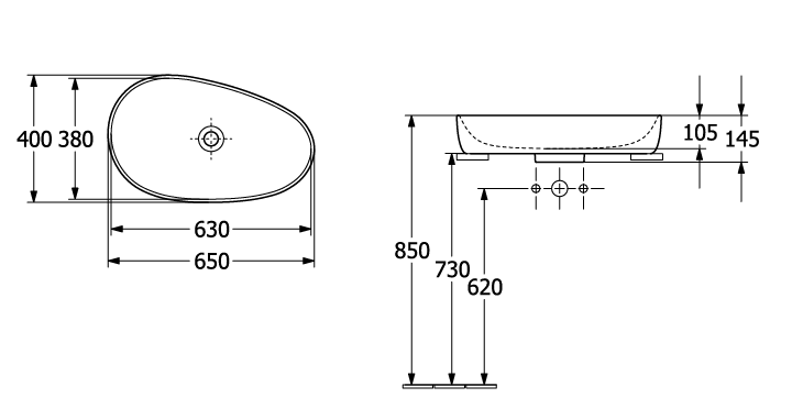 Раковина накладная Villeroy & Boch Antao 650x400 мм без отверстия для смесителя Pure Black 4A7465R7