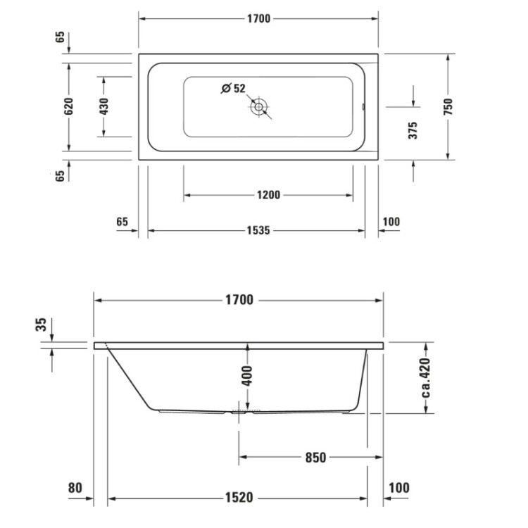 Ванна Duravit D-Code 1700x750x420 мм встраиваемая цвет белый 700099000000000