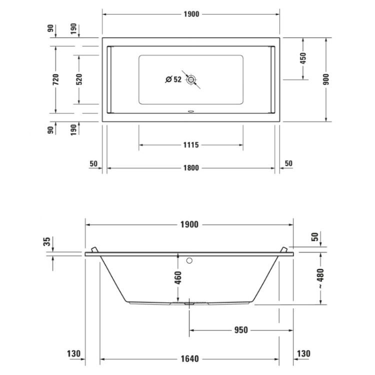Ванна Duravit Starck 1900x900 мм встраиваемая с двумя наклонами для спины 700340000000000