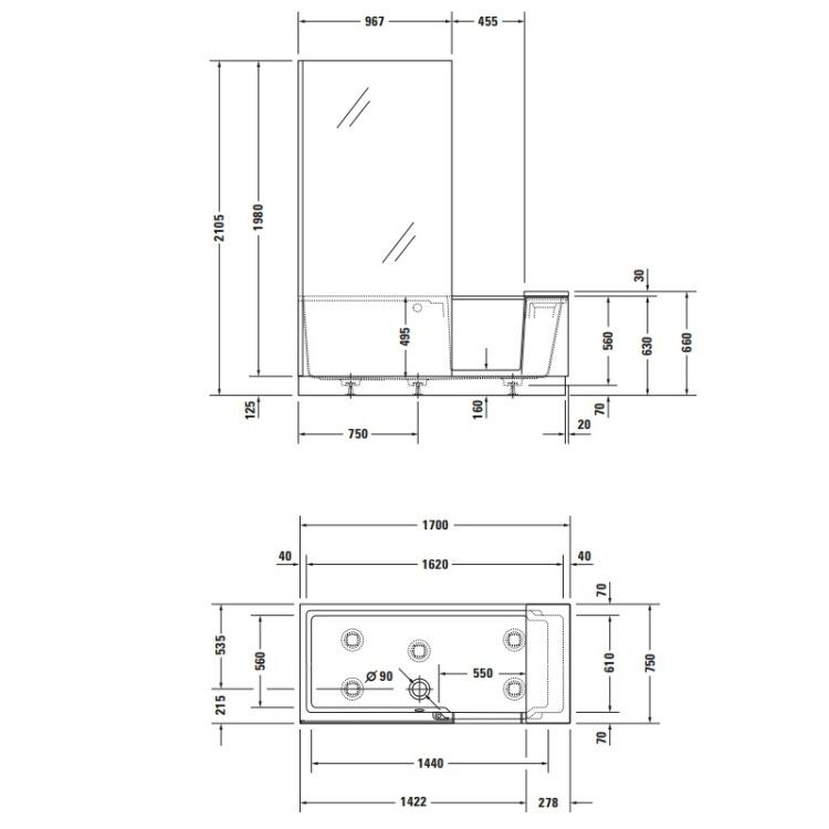 Ванна Duravit Shower + Bath 1700x750 мм с дверцей слева белая матовая 700454000000000