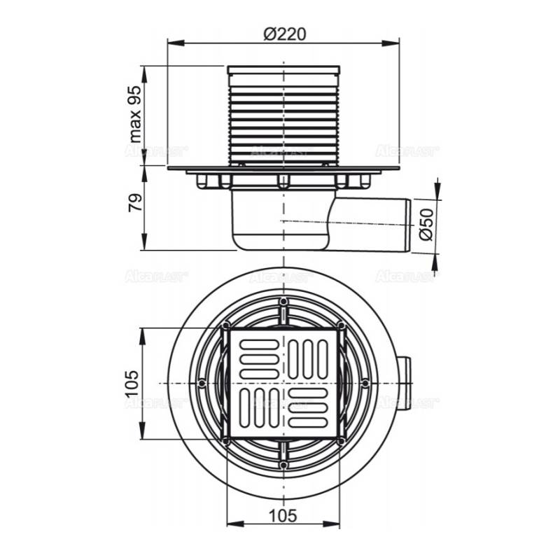 Трап для душа Alca 105х105 мм боковой выпуск 50 мм комбинированный затвор APV1321