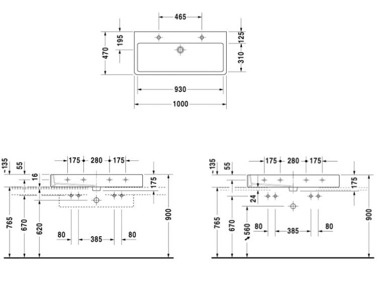 Раковина Duravit Vero 1000x470 мм 2 отверстия для смесителя 0454100026