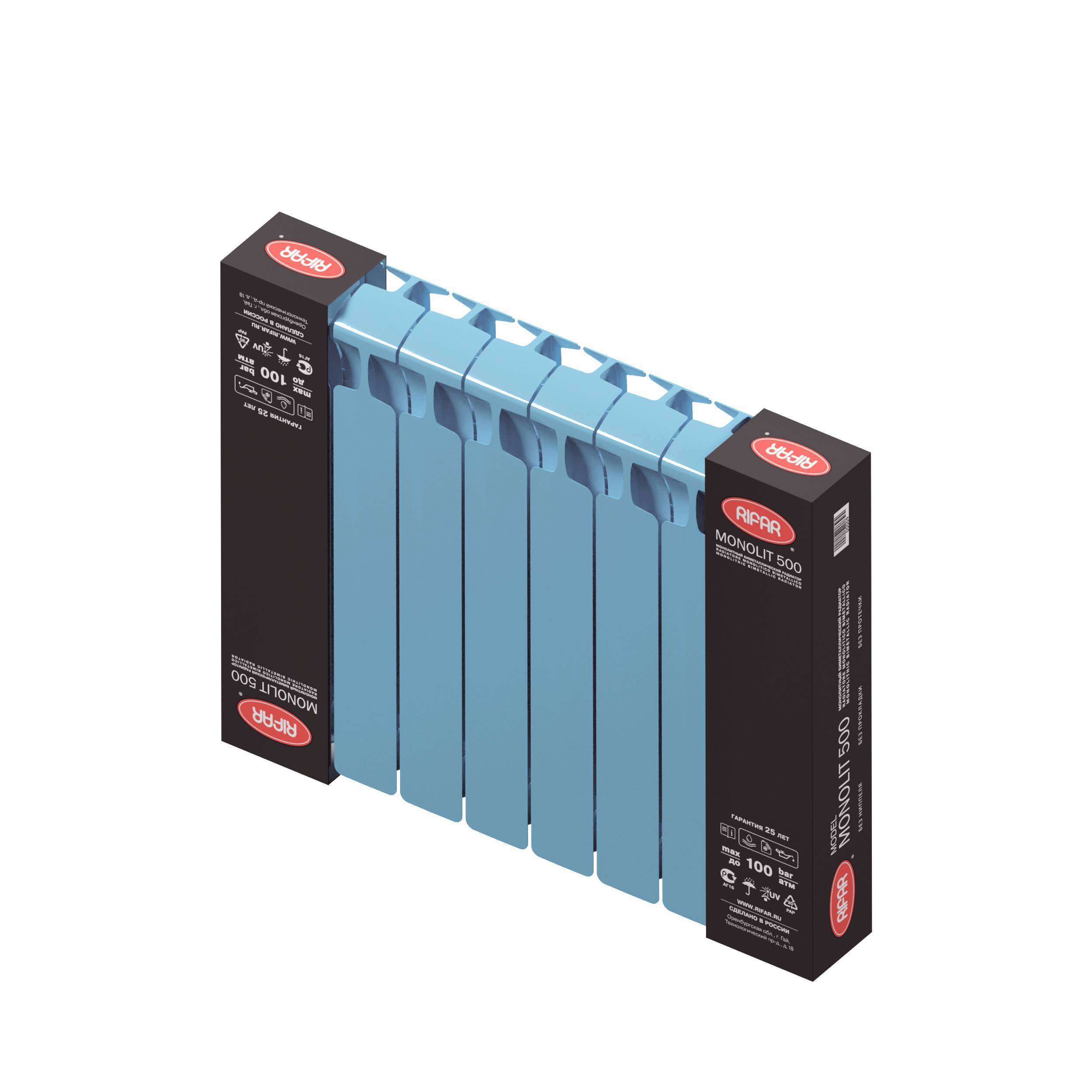 Радиатор биметаллический RIFAR Monolit 500 8 секций боковое подключение сапфир R-MN-500-08 RAL 5024