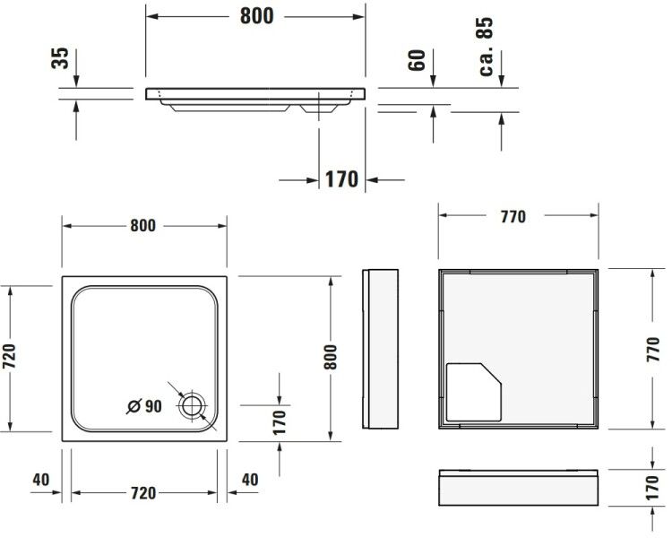 Душевой поддон Duravit D-Code 800x800x85 мм с антислипом белый 720101000000001