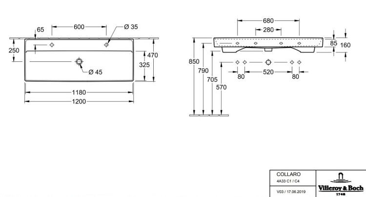 Раковина Villeroy & Boch Collaro 1200x470 мм подвесная/накладная 2 отверстия для смесителя с переливом альпийский белый CeramicPlus 4A33C4R1