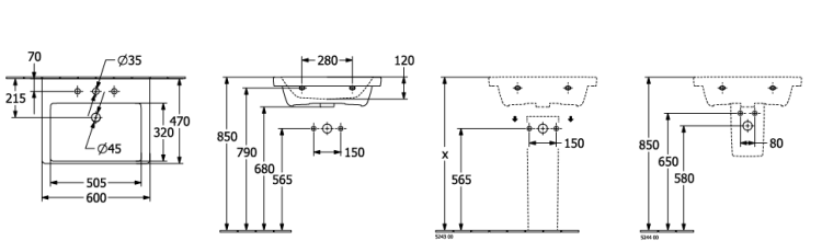 Раковина Villeroy & Boch Subway 3.0 600x470 мм 1 отверстие для смесителя 4A706101