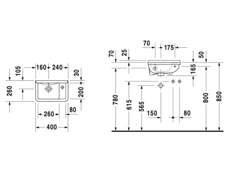 Раковина подвесная Duravit Starck 3 400x260 мм 1 отверстие для смесителя справа 0751400000