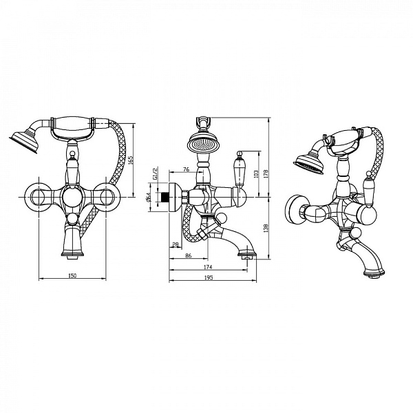 Смеситель для ванны с душем настенный Boheme Tradizionale Nero хром 243