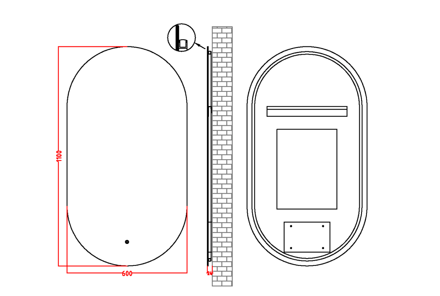 Зеркало овальное Boheme с LED-подсветкой, сенсором и антизапотеванием 60x110 см 568