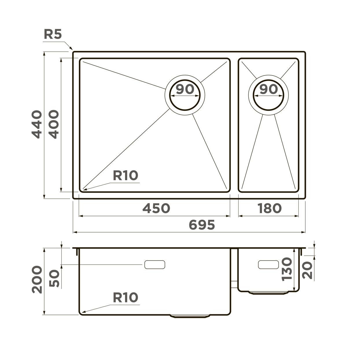 Кухонная мойка OMOIKIRI Taki 69-2-U/IF-L Side-LG 69,5x44 см светлое золото 4997051