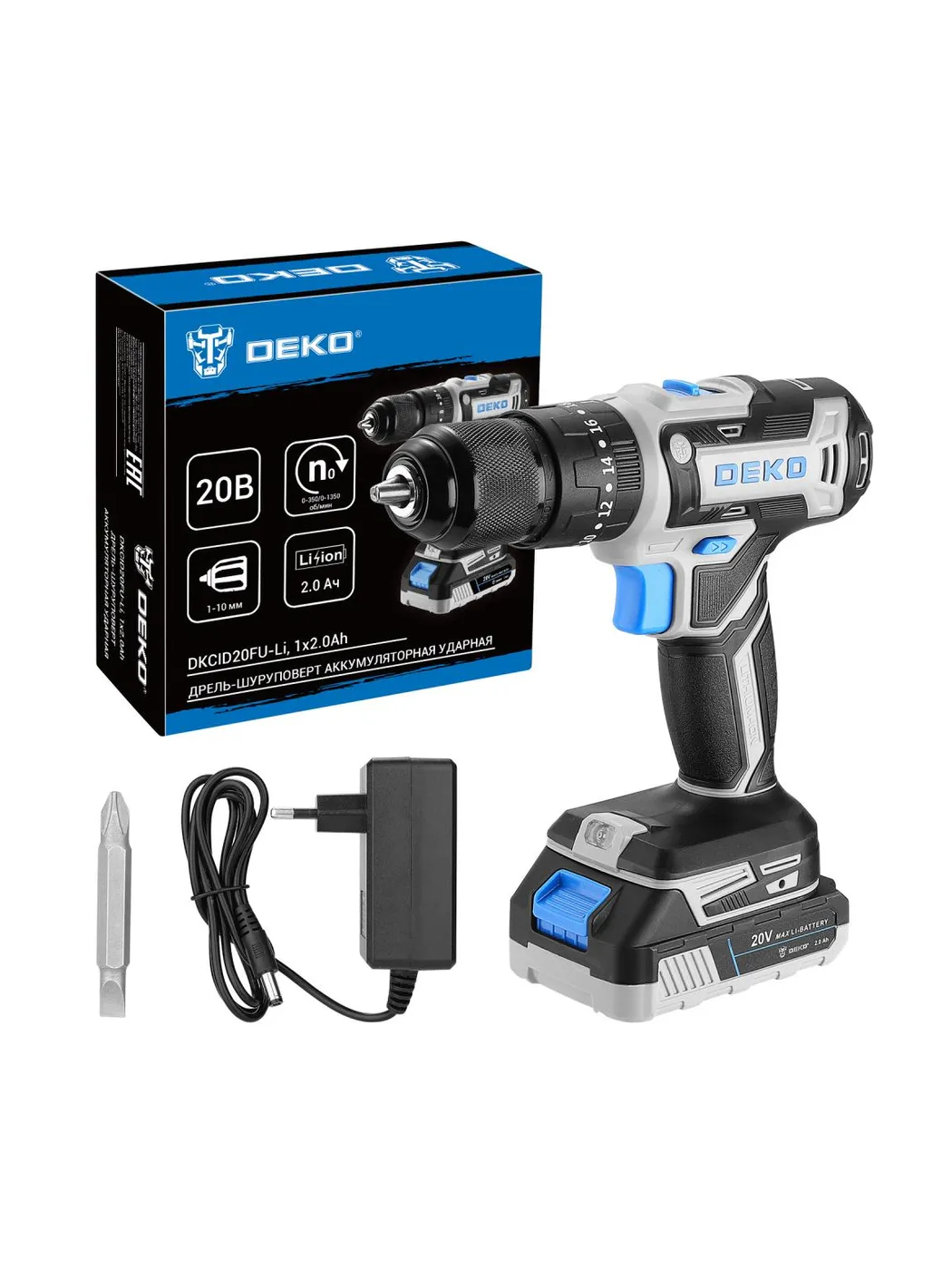 Дрель-шуруповерт аккумуляторная ударная DEKO DKCID20FU-Li 20 В 1x2.0 Ач 083-1119