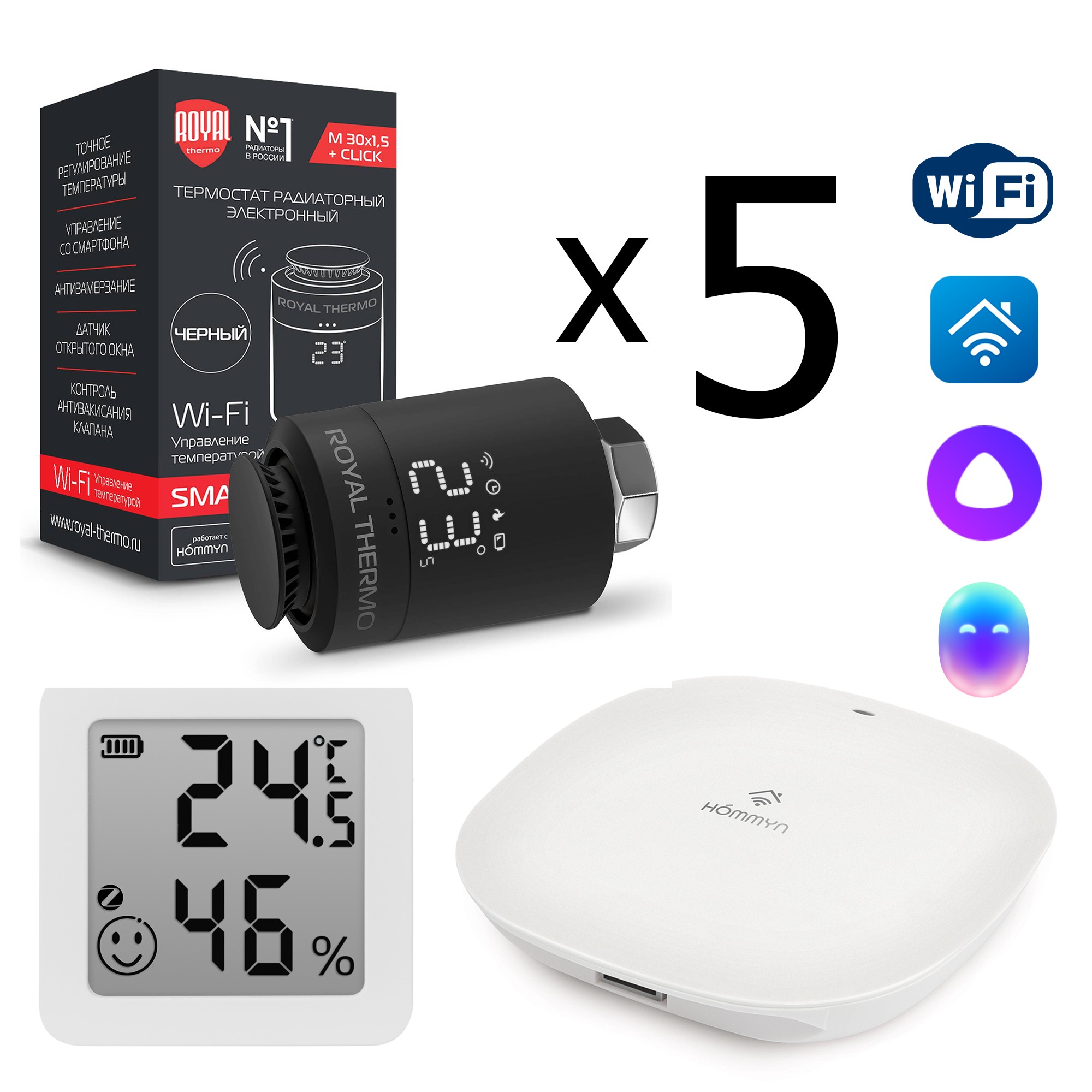 Комплект управления Royal Thermo Smart Heat для 5 радиаторов Wi-Fi HH-01/THS30ZB черный НС-1738927