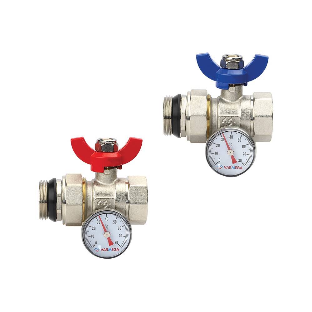 Комплект шаровых кранов для коллектора Varmega 1х1 ВР-НР с термометром 2 шт VM15301