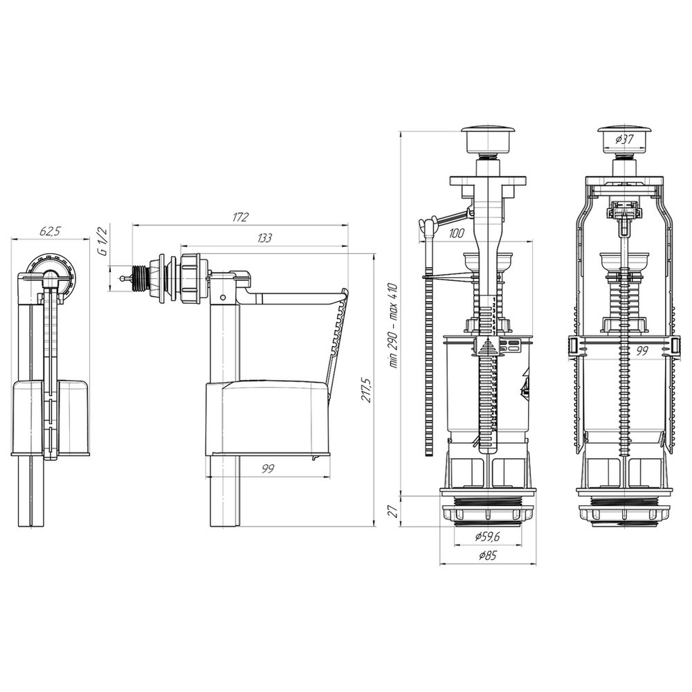 Арматура для бачка унитаза АНИ пласт боковой подвод пластиковая кнопка WC6050M