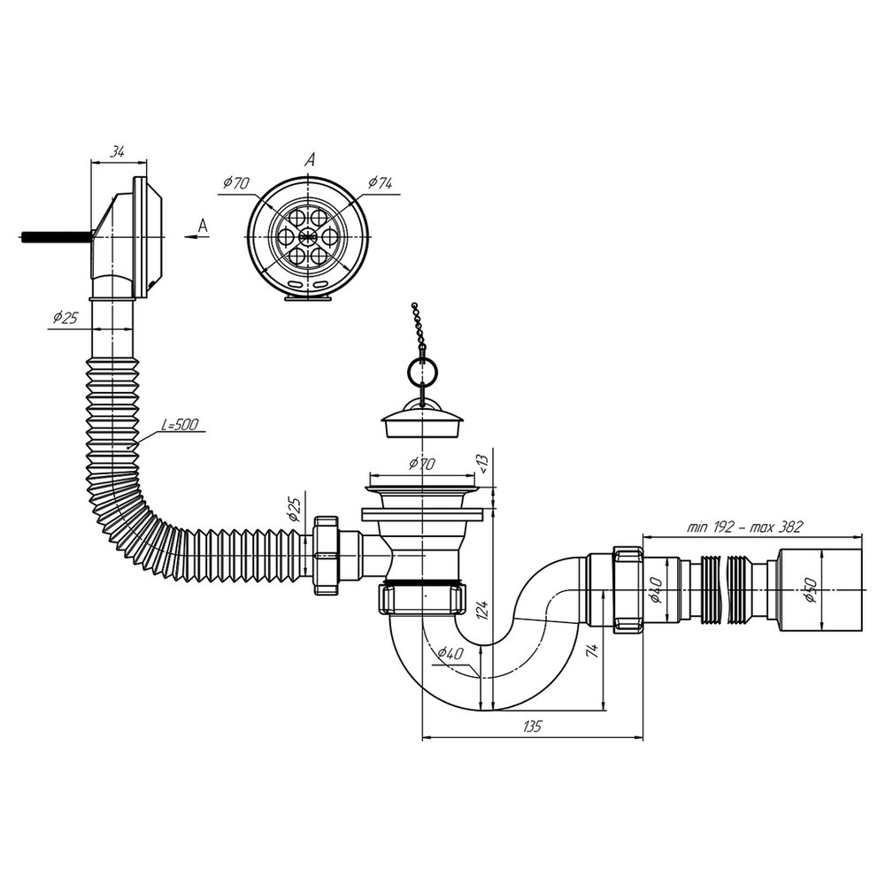 Сифон для ванны АНИ пласт E155 с переливом 1 1/2х40 мм E155