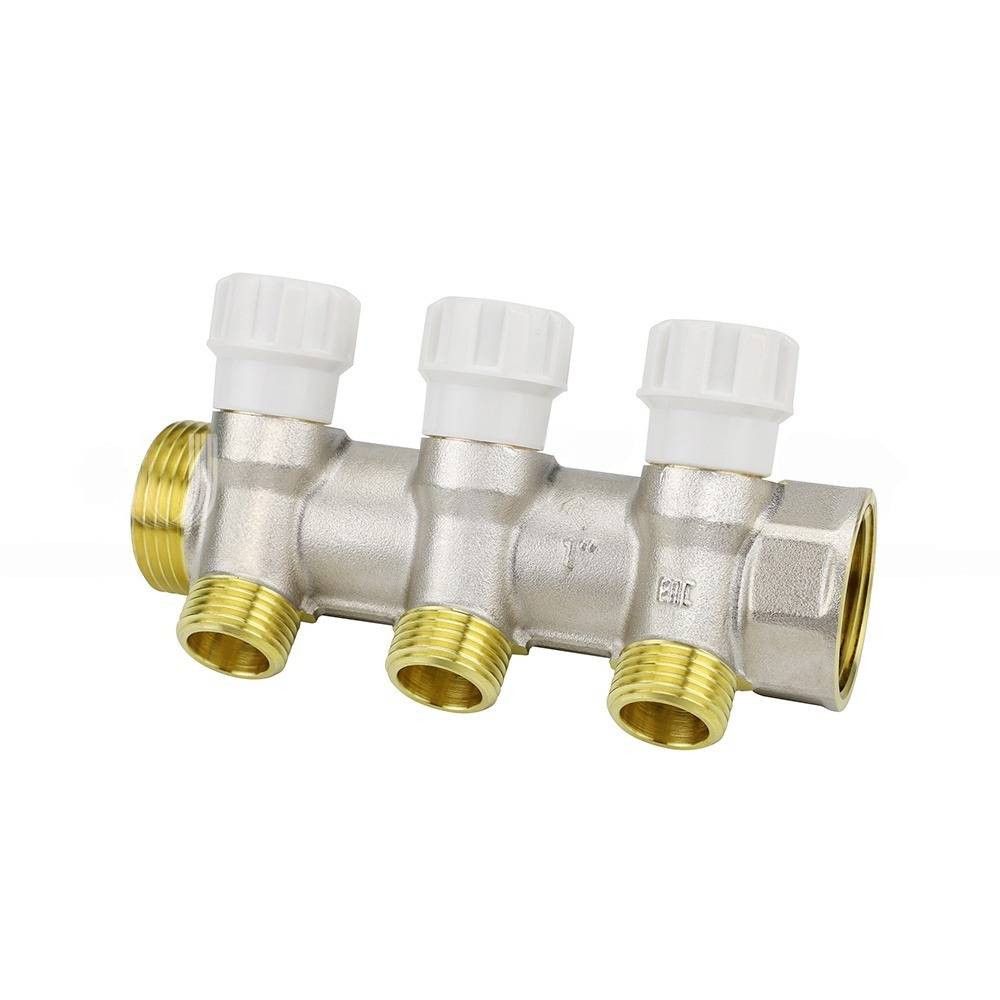 Коллектор распределительный VARMEGA 1 x 3/4 EK 3 выхода с запорными кранами никель VMMM02-N06153