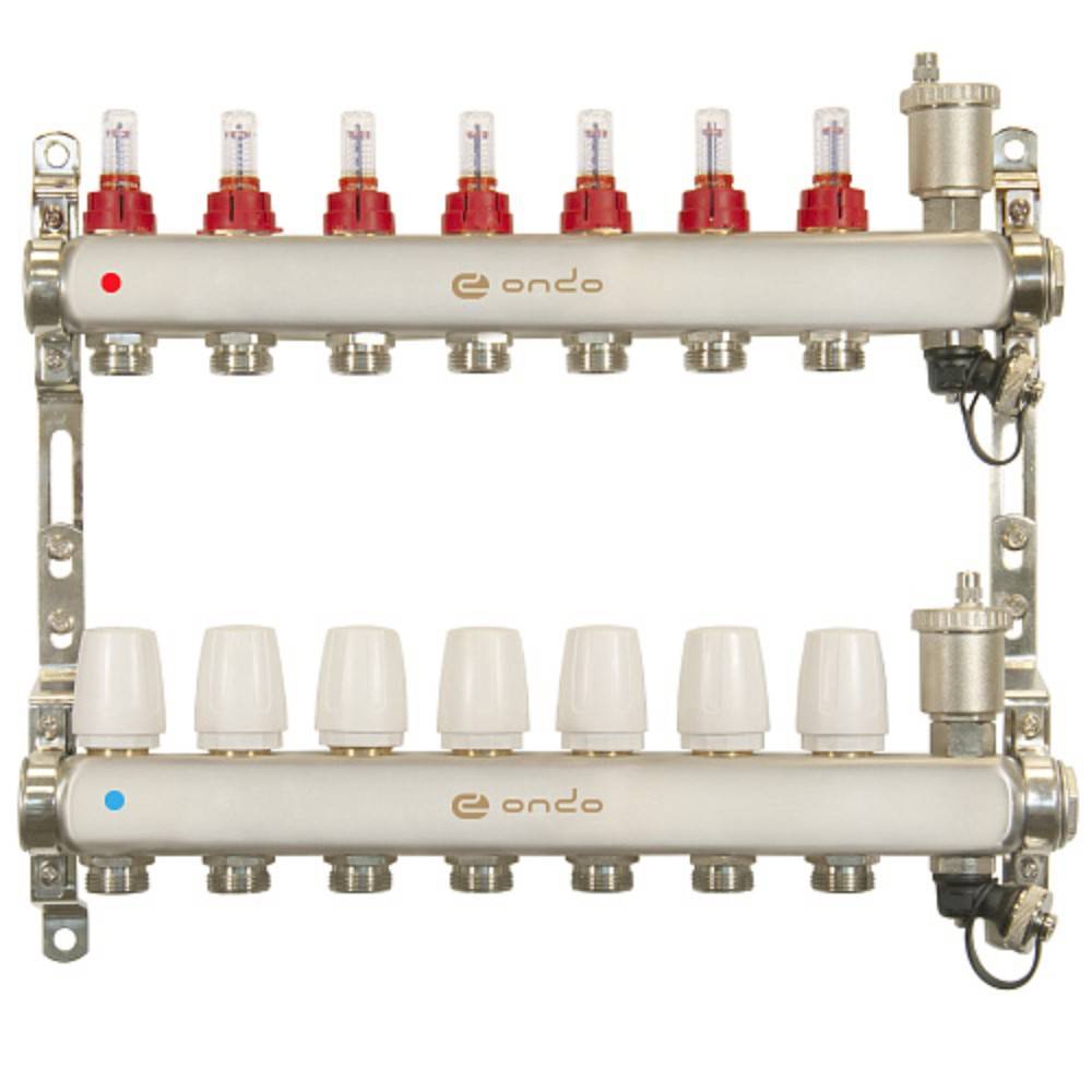 Группа коллекторная ONDO 7 выходов из нержавеющей стали с расходомерами и воздухоотводчиками ON.03.07