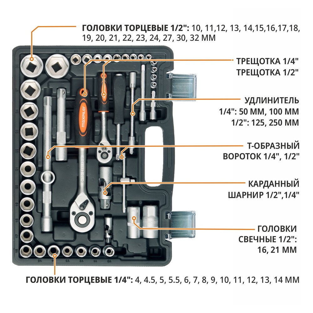 Набор инструментов P.I.T. MaxPiler MXT-94-SET 94 предмета 1/2 и 1/4 CrV MXT-94-SET